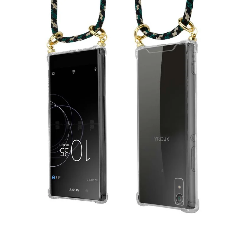 Cadorabo Handy Kette kompatibel mit Sony Xperia XA1 Silikon Schutzhülle mit Gold Ringen, Kordel Band und abnehmbarem Etui