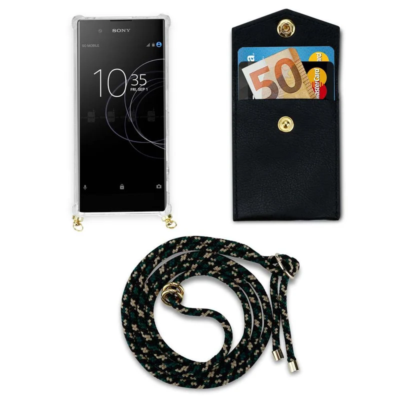 Cadorabo Handy Kette kompatibel mit Sony Xperia XA1 Silikon Schutzhülle mit Gold Ringen, Kordel Band und abnehmbarem Etui