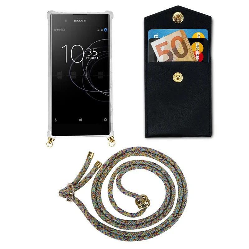 Cadorabo Handy Kette kompatibel mit Sony Xperia XA1 Silikon Schutzhülle mit Gold Ringen, Kordel Band und abnehmbarem Etui
