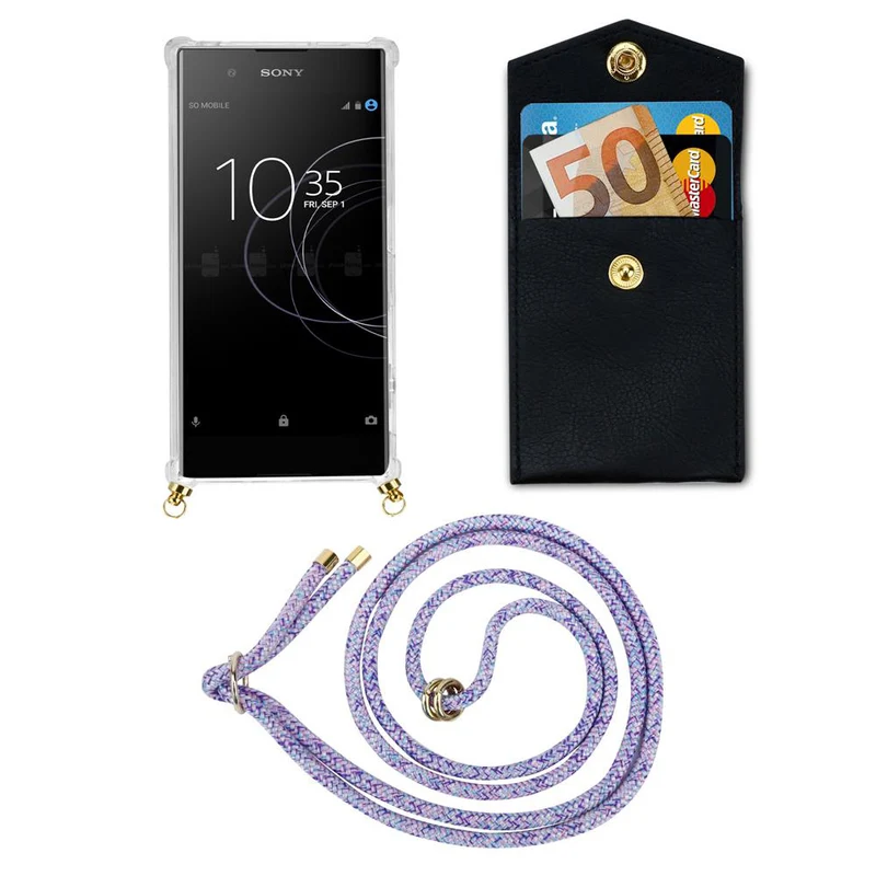 Cadorabo Handy Kette kompatibel mit Sony Xperia XA1 Silikon Schutzhülle mit Gold Ringen, Kordel Band und abnehmbarem Etui