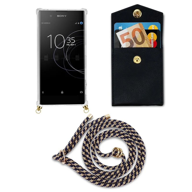 Cadorabo Handy Kette kompatibel mit Sony Xperia XA1 Silikon Schutzhülle mit Gold Ringen, Kordel Band und abnehmbarem Etui