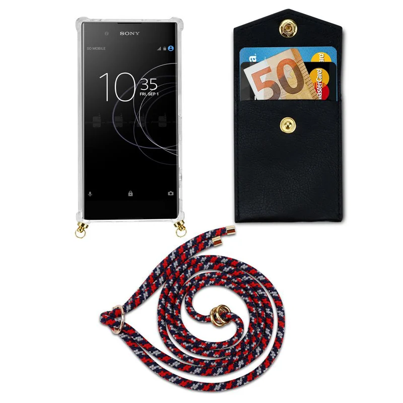 Cadorabo Handy Kette kompatibel mit Sony Xperia XA1 Silikon Schutzhülle mit Gold Ringen, Kordel Band und abnehmbarem Etui