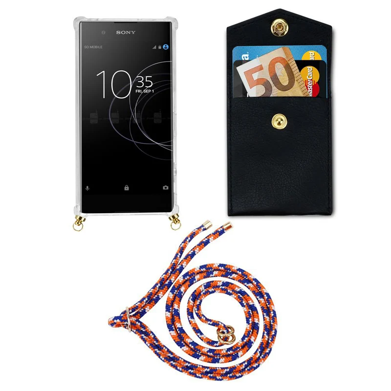 Cadorabo Handy Kette kompatibel mit Sony Xperia XA1 Silikon Schutzhülle mit Gold Ringen, Kordel Band und abnehmbarem Etui