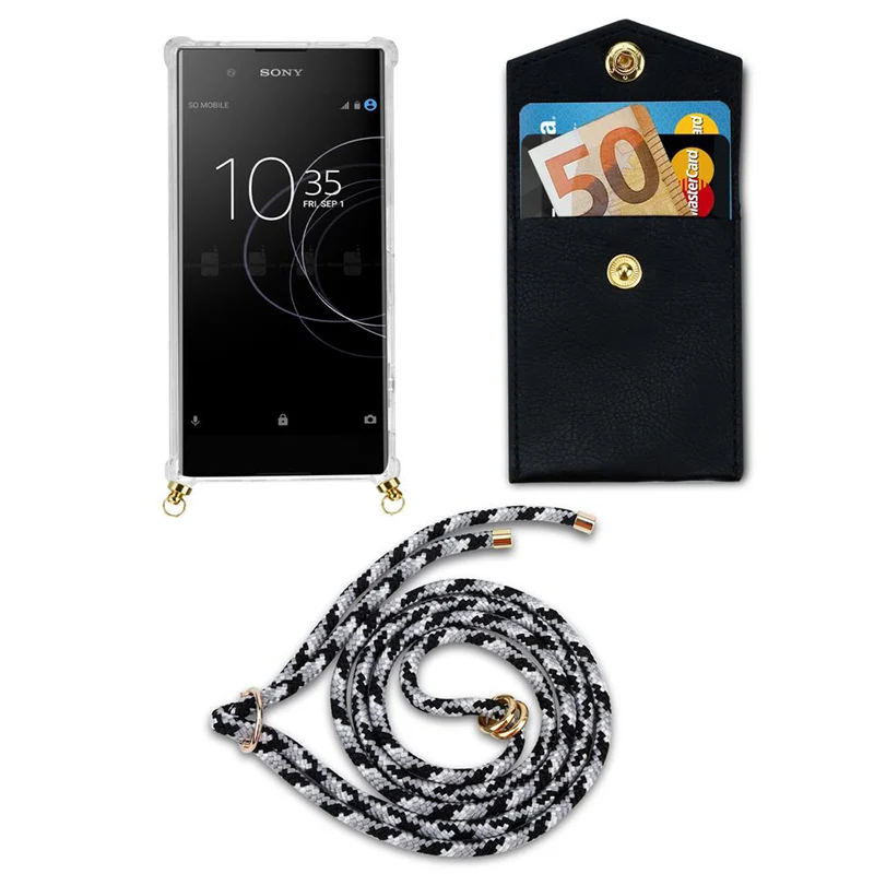 Cadorabo Handy Kette kompatibel mit Sony Xperia XA1 Silikon Schutzhülle mit Gold Ringen, Kordel Band und abnehmbarem Etui