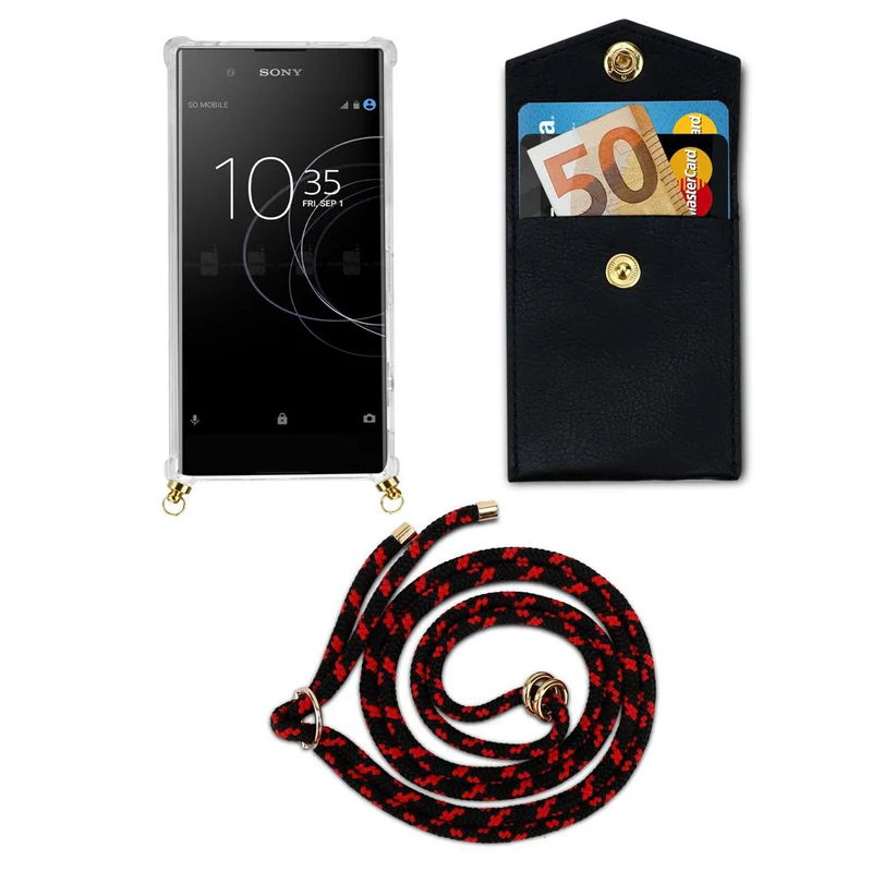 Cadorabo Handy Kette kompatibel mit Sony Xperia XA1 Silikon Schutzhülle mit Gold Ringen, Kordel Band und abnehmbarem Etui