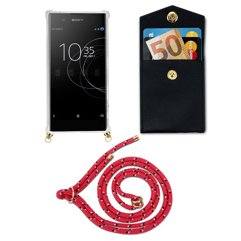 Cadorabo Handy Kette kompatibel mit Sony Xperia XA1 Silikon Schutzhülle mit Gold Ringen, Kordel Band und abnehmbarem Etui