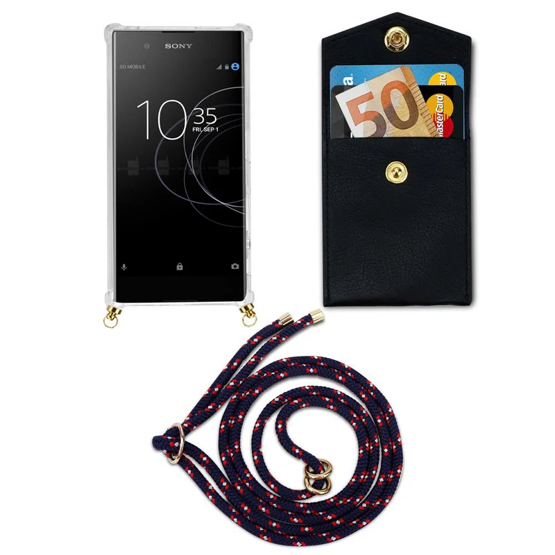 Cadorabo Handy Kette kompatibel mit Sony Xperia XA1 Silikon Schutzhülle mit Gold Ringen, Kordel Band und abnehmbarem Etui