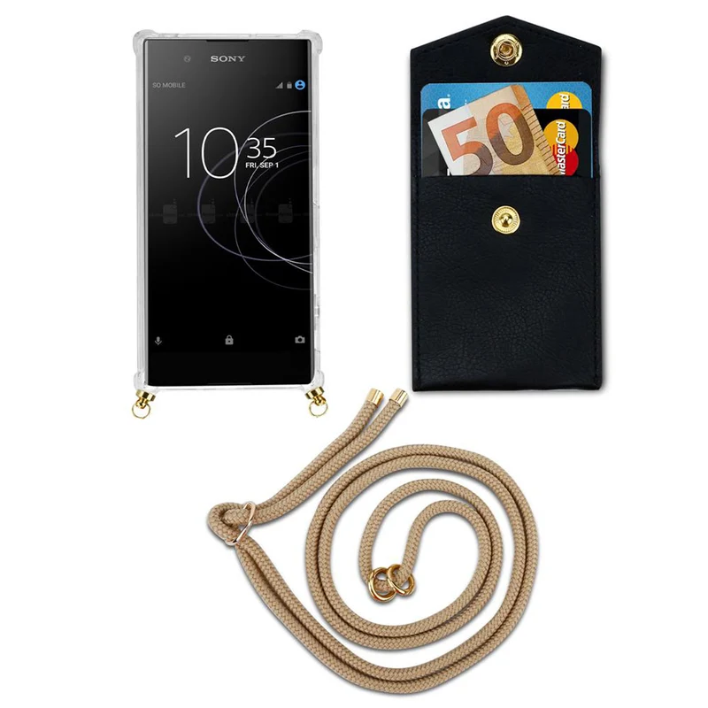 Cadorabo Handy Kette kompatibel mit Sony Xperia XA1 Silikon Schutzhülle mit Gold Ringen, Kordel Band und abnehmbarem Etui