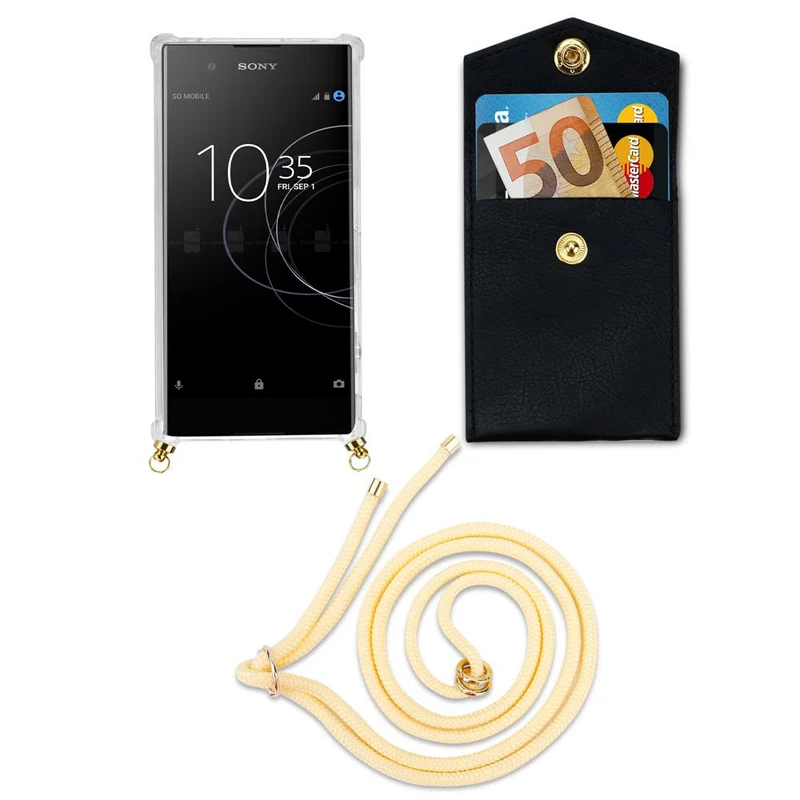 Cadorabo Handy Kette kompatibel mit Sony Xperia XA1 Silikon Schutzhülle mit Gold Ringen, Kordel Band und abnehmbarem Etui