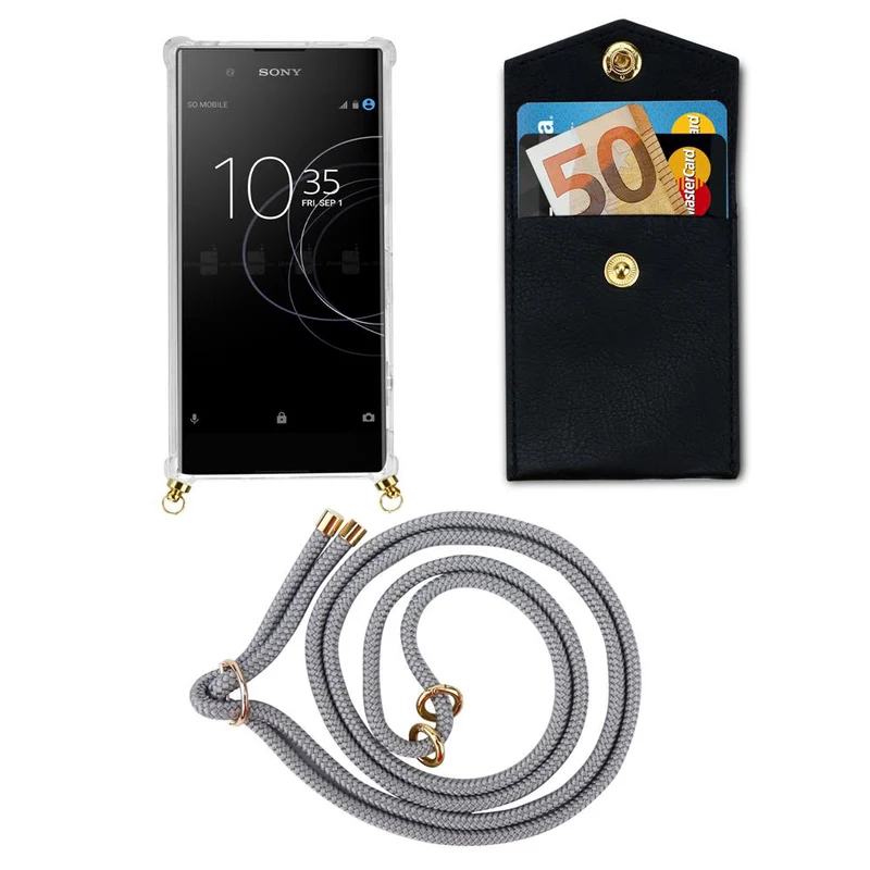 Cadorabo Handy Kette kompatibel mit Sony Xperia XA1 Silikon Schutzhülle mit Gold Ringen, Kordel Band und abnehmbarem Etui
