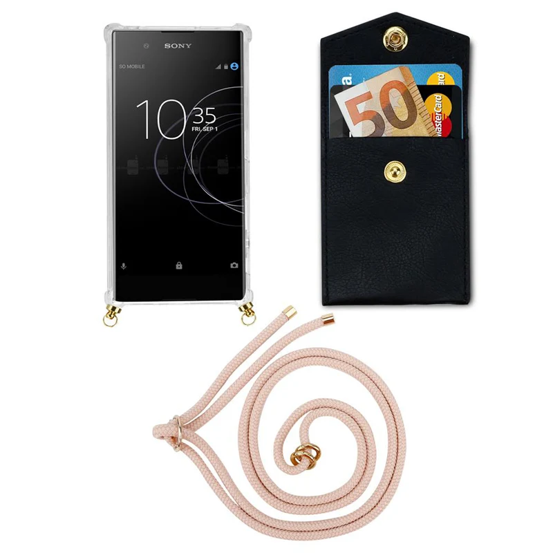 Cadorabo Handy Kette kompatibel mit Sony Xperia XA1 Silikon Schutzhülle mit Gold Ringen, Kordel Band und abnehmbarem Etui