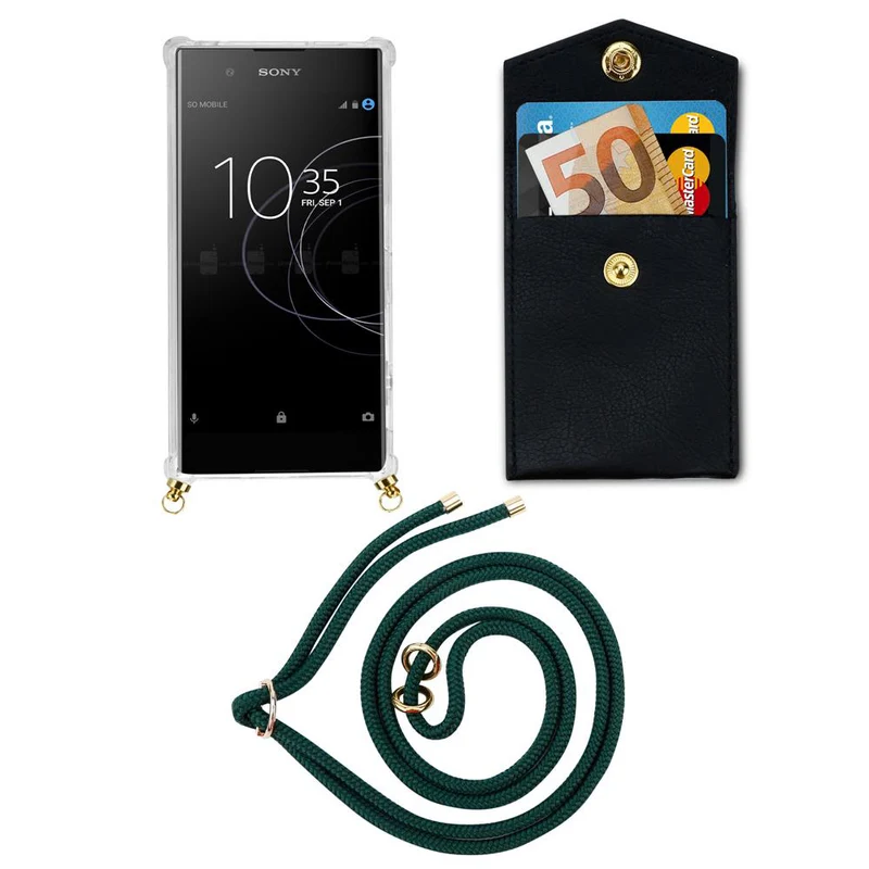 Cadorabo Handy Kette kompatibel mit Sony Xperia XA1 Silikon Schutzhülle mit Gold Ringen, Kordel Band und abnehmbarem Etui