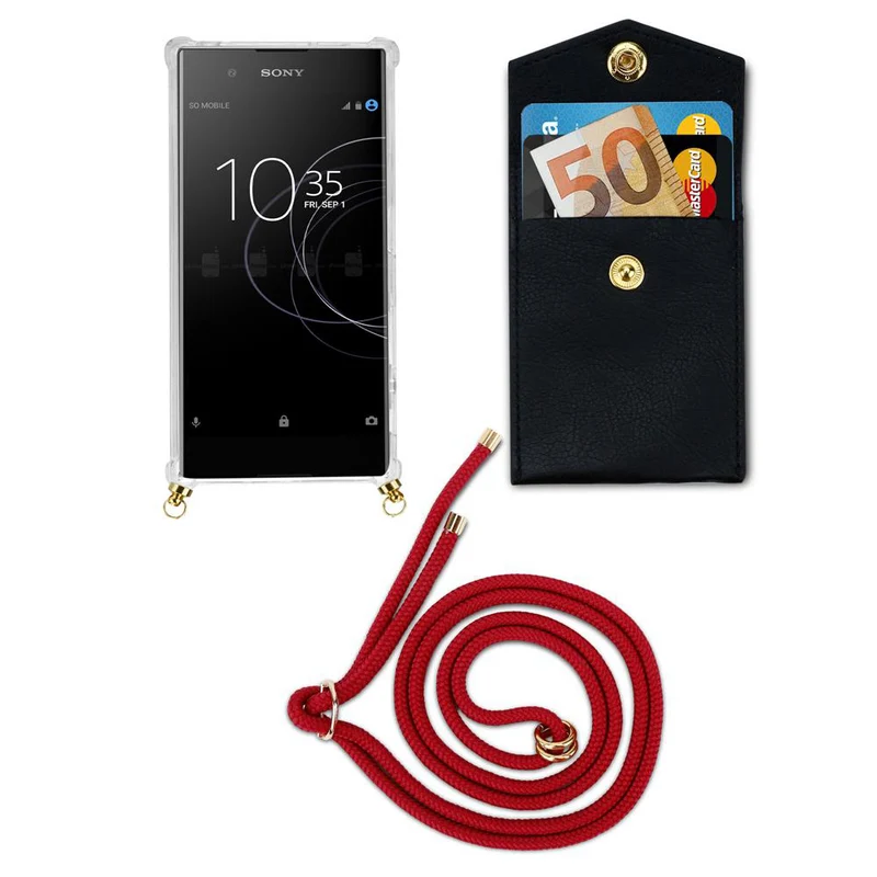 Cadorabo Handy Kette kompatibel mit Sony Xperia XA1 Silikon Schutzhülle mit Gold Ringen, Kordel Band und abnehmbarem Etui