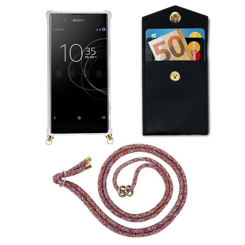 Cadorabo Handy Kette kompatibel mit Sony Xperia XA1 Silikon Schutzhülle mit Gold Ringen, Kordel Band und abnehmbarem Etui