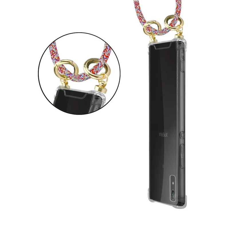 Cadorabo Handy Kette kompatibel mit Sony Xperia XA1 Silikon Schutzhülle mit Gold Ringen, Kordel Band und abnehmbarem Etui