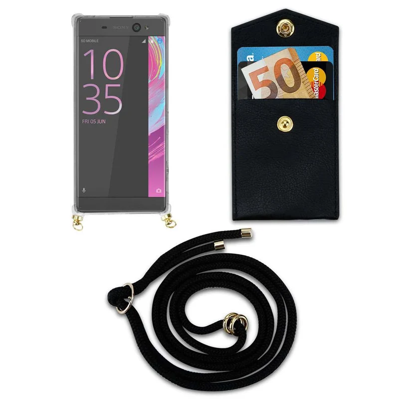 Cadorabo Handy Kette kompatibel mit Sony Xperia XA Silikon Schutzhülle mit Gold Ringen, Kordel Band und abnehmbarem Etui