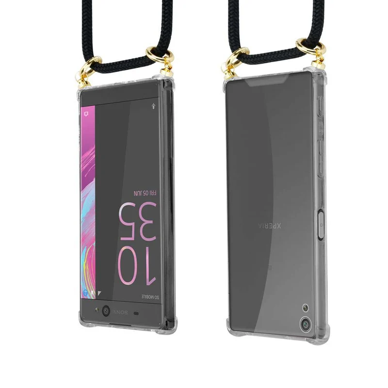 Cadorabo Handy Kette kompatibel mit Sony Xperia XA Silikon Schutzhülle mit Gold Ringen, Kordel Band und abnehmbarem Etui