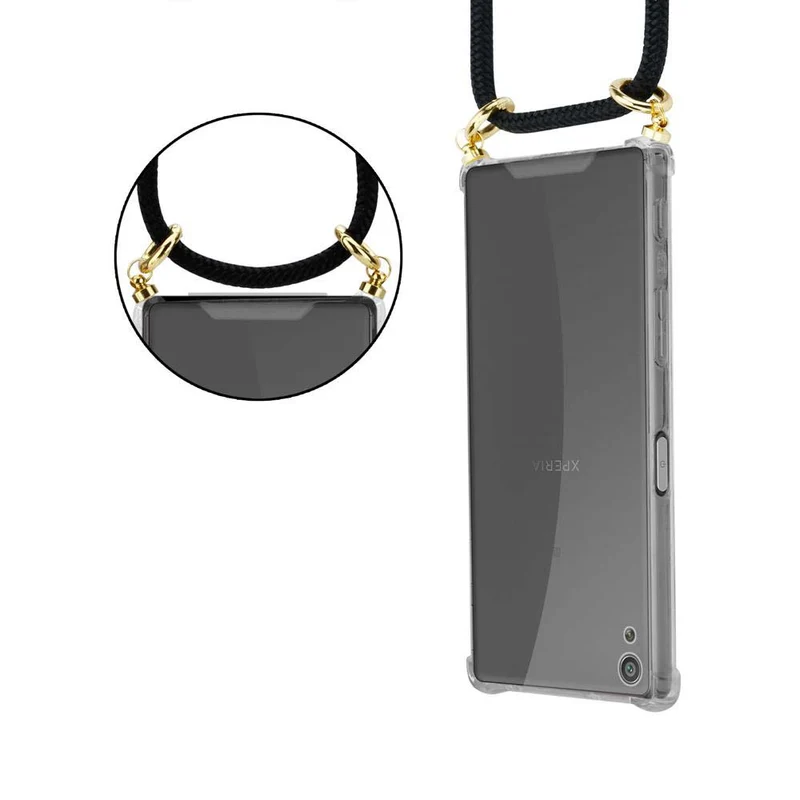 Cadorabo Handy Kette kompatibel mit Sony Xperia XA Silikon Schutzhülle mit Gold Ringen, Kordel Band und abnehmbarem Etui