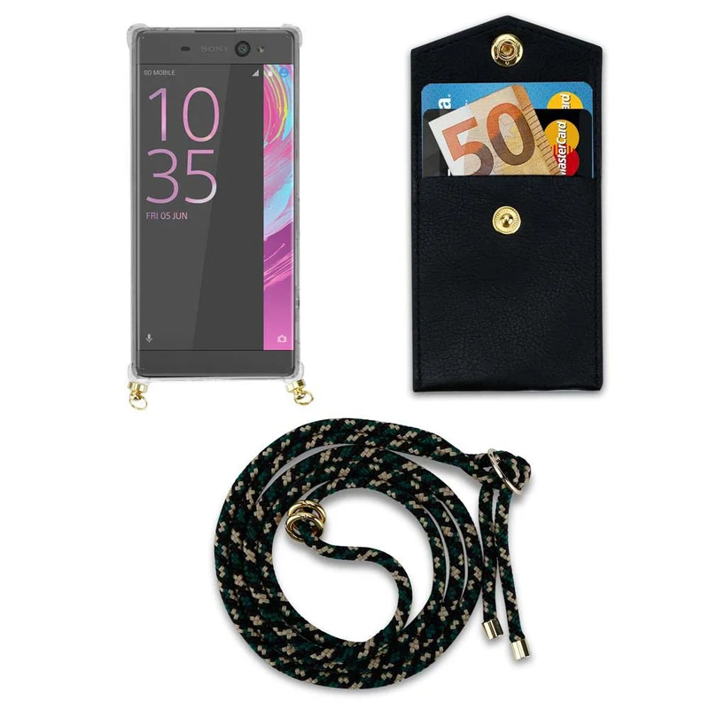 Cadorabo Handy Kette kompatibel mit Sony Xperia XA Silikon Schutzhülle mit Gold Ringen, Kordel Band und abnehmbarem Etui