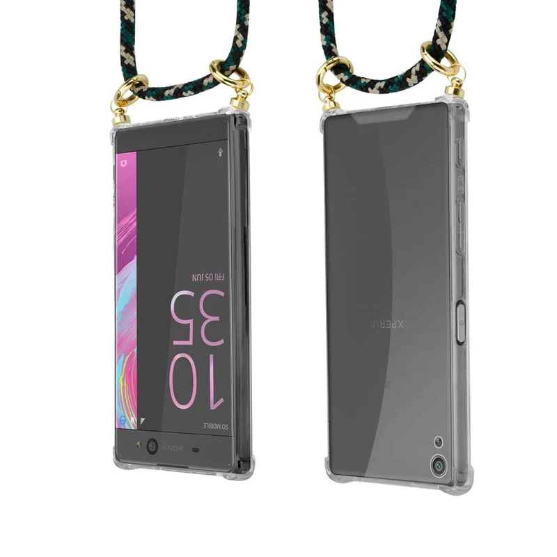 Cadorabo Handy Kette kompatibel mit Sony Xperia XA Silikon Schutzhülle mit Gold Ringen, Kordel Band und abnehmbarem Etui