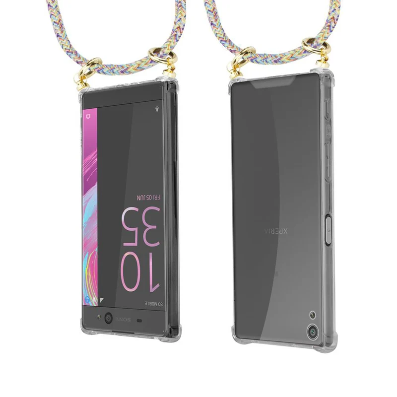 Cadorabo Handy Kette kompatibel mit Sony Xperia XA Silikon Schutzhülle mit Gold Ringen, Kordel Band und abnehmbarem Etui