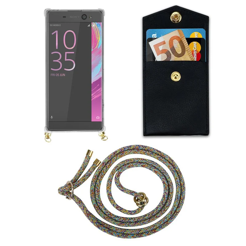 Cadorabo Handy Kette kompatibel mit Sony Xperia XA Silikon Schutzhülle mit Gold Ringen, Kordel Band und abnehmbarem Etui
