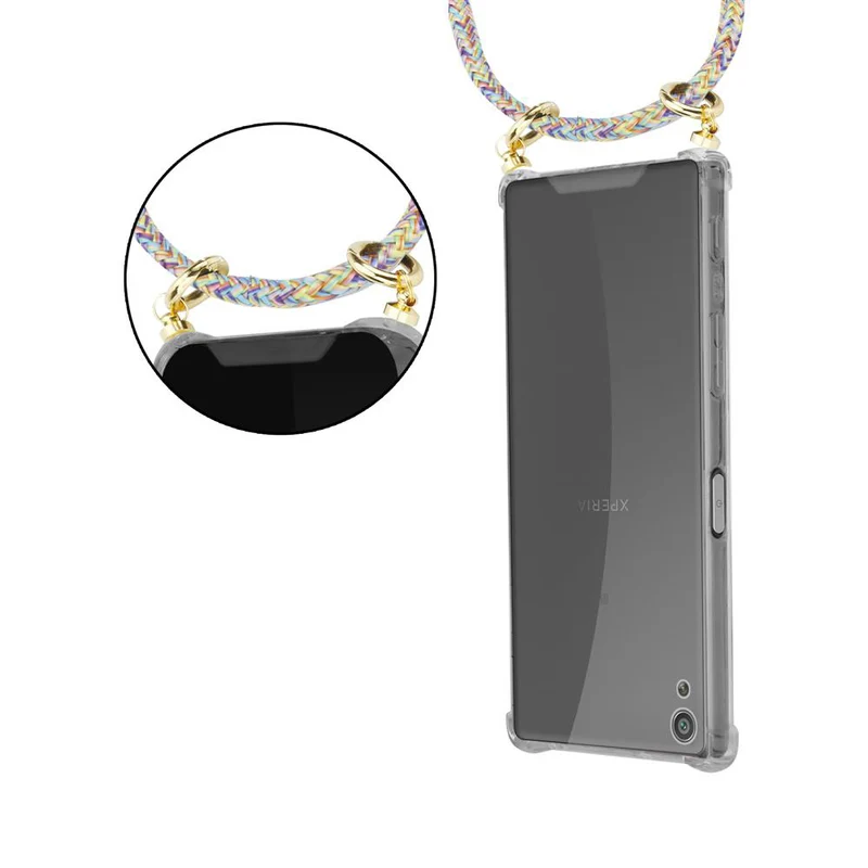 Cadorabo Handy Kette kompatibel mit Sony Xperia XA Silikon Schutzhülle mit Gold Ringen, Kordel Band und abnehmbarem Etui