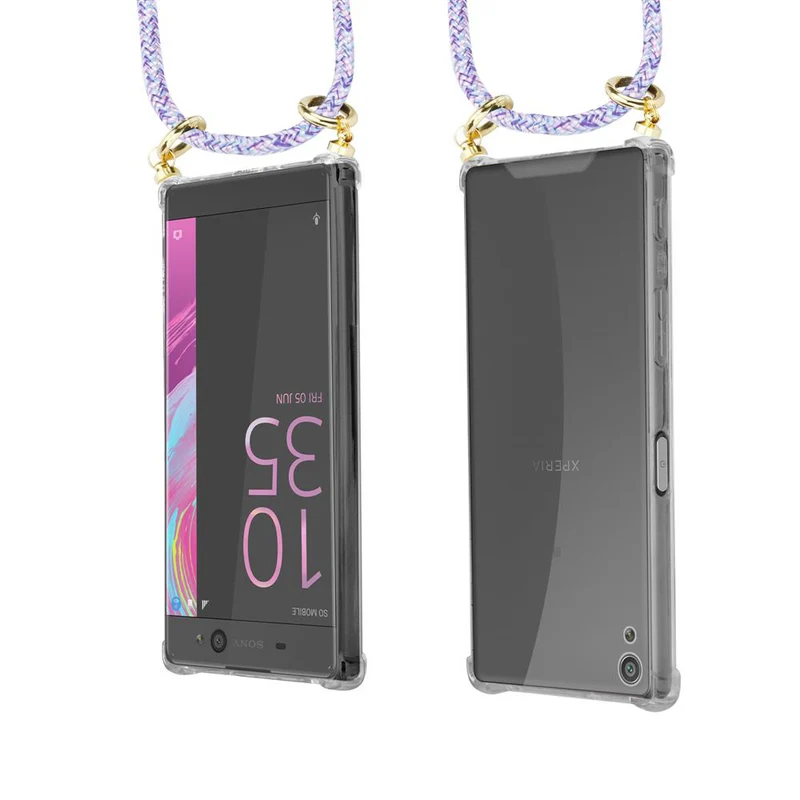 Cadorabo Handy Kette kompatibel mit Sony Xperia XA Silikon Schutzhülle mit Gold Ringen, Kordel Band und abnehmbarem Etui