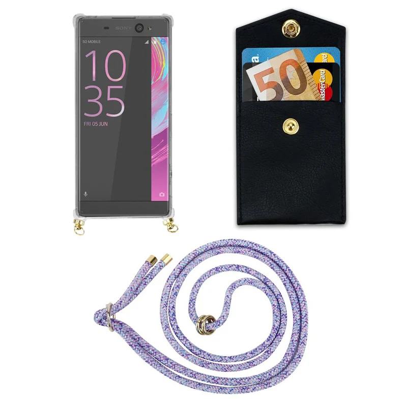 Cadorabo Handy Kette kompatibel mit Sony Xperia XA Silikon Schutzhülle mit Gold Ringen, Kordel Band und abnehmbarem Etui