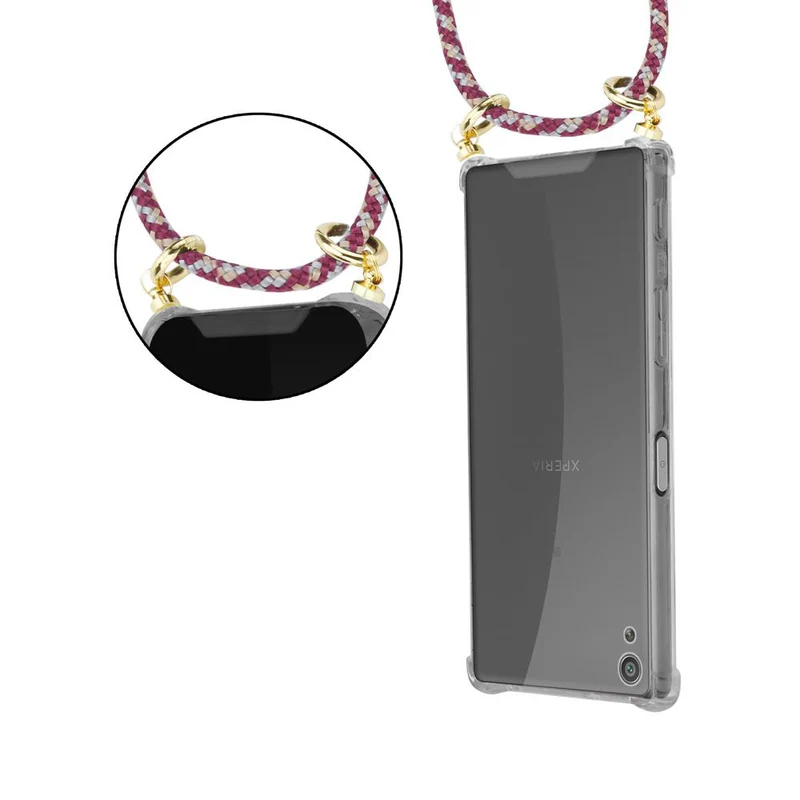 Cadorabo Handy Kette kompatibel mit Sony Xperia XA Silikon Schutzhülle mit Gold Ringen, Kordel Band und abnehmbarem Etui