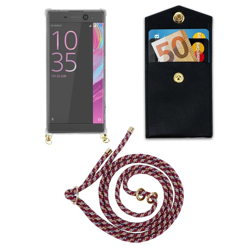 Cadorabo Handy Kette kompatibel mit Sony Xperia XA Silikon Schutzhülle mit Gold Ringen, Kordel Band und abnehmbarem Etui