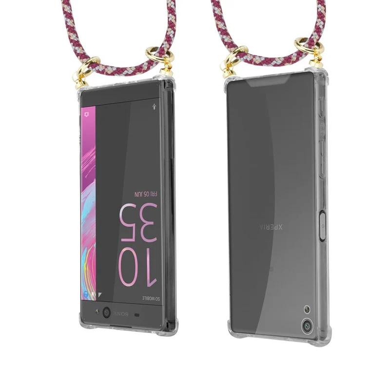 Cadorabo Handy Kette kompatibel mit Sony Xperia XA Silikon Schutzhülle mit Gold Ringen, Kordel Band und abnehmbarem Etui