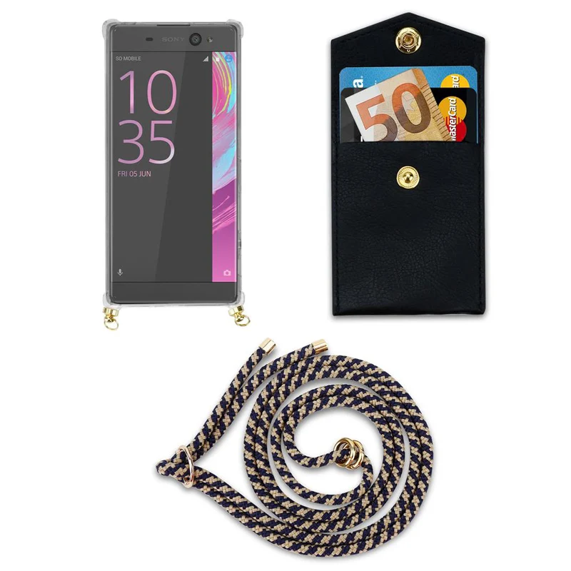 Cadorabo Handy Kette kompatibel mit Sony Xperia XA Silikon Schutzhülle mit Gold Ringen, Kordel Band und abnehmbarem Etui