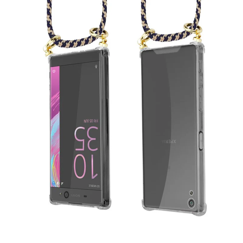 Cadorabo Handy Kette kompatibel mit Sony Xperia XA Silikon Schutzhülle mit Gold Ringen, Kordel Band und abnehmbarem Etui