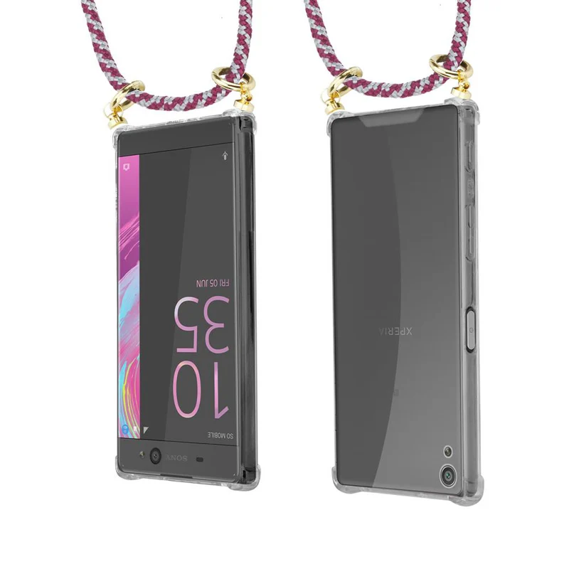 Cadorabo Handy Kette kompatibel mit Sony Xperia XA Silikon Schutzhülle mit Gold Ringen, Kordel Band und abnehmbarem Etui