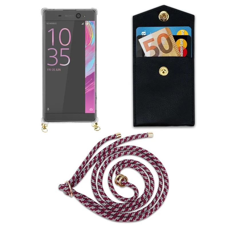 Cadorabo Handy Kette kompatibel mit Sony Xperia XA Silikon Schutzhülle mit Gold Ringen, Kordel Band und abnehmbarem Etui