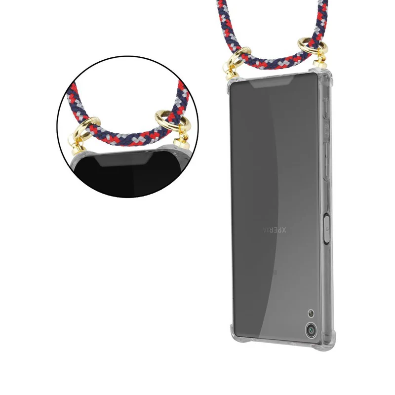Cadorabo Handy Kette kompatibel mit Sony Xperia XA Silikon Schutzhülle mit Gold Ringen, Kordel Band und abnehmbarem Etui