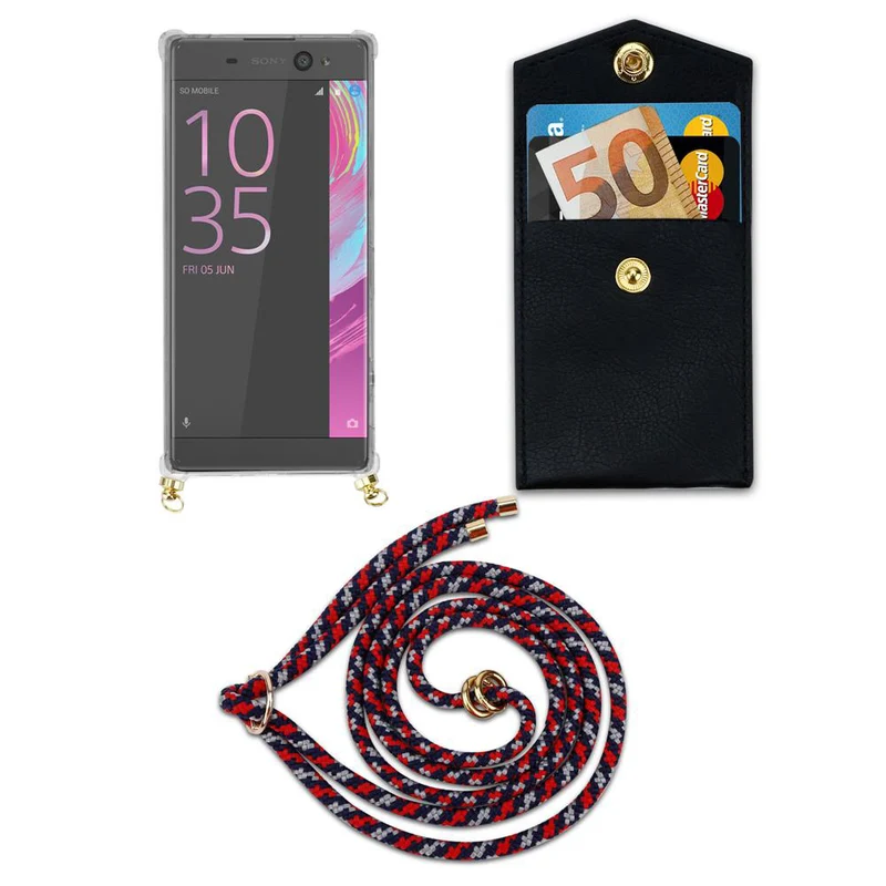 Cadorabo Handy Kette kompatibel mit Sony Xperia XA Silikon Schutzhülle mit Gold Ringen, Kordel Band und abnehmbarem Etui