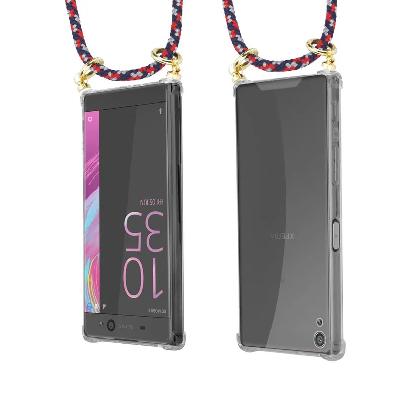 Cadorabo Handy Kette kompatibel mit Sony Xperia XA Silikon Schutzhülle mit Gold Ringen, Kordel Band und abnehmbarem Etui