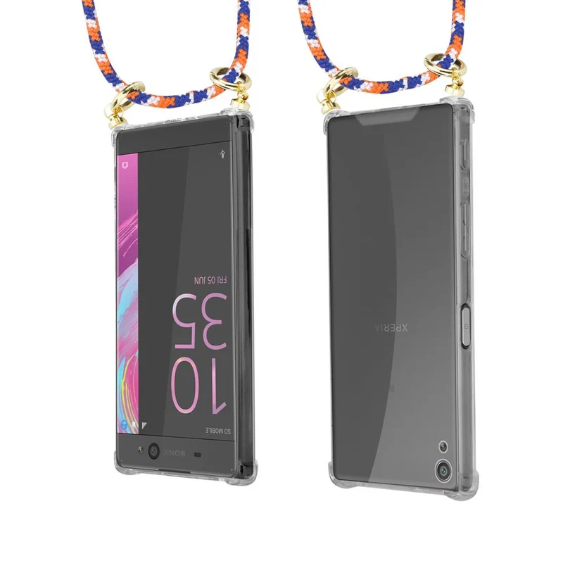 Cadorabo Handy Kette kompatibel mit Sony Xperia XA Silikon Schutzhülle mit Gold Ringen, Kordel Band und abnehmbarem Etui