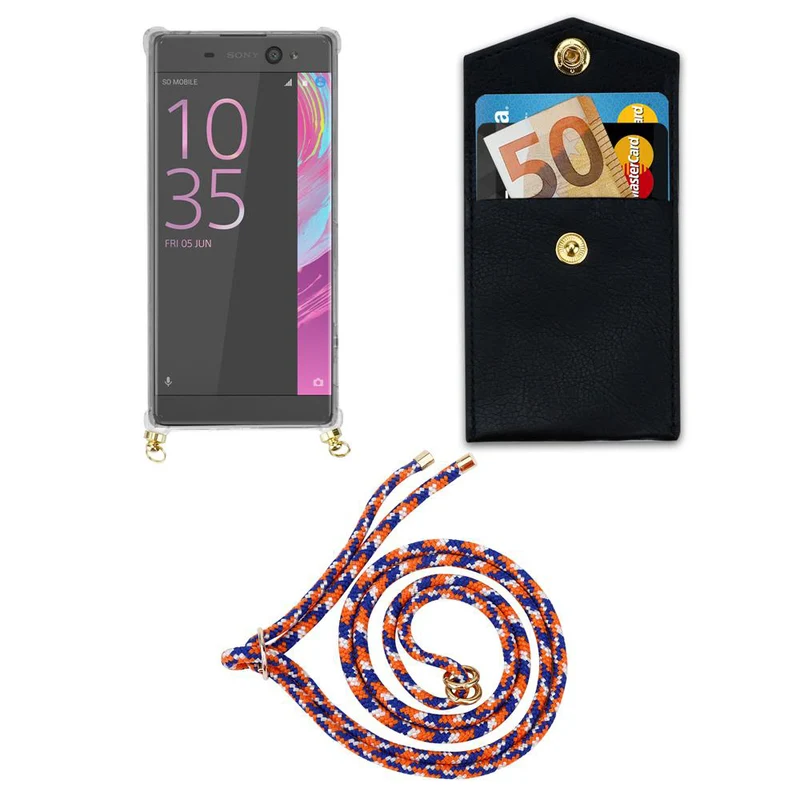 Cadorabo Handy Kette kompatibel mit Sony Xperia XA Silikon Schutzhülle mit Gold Ringen, Kordel Band und abnehmbarem Etui