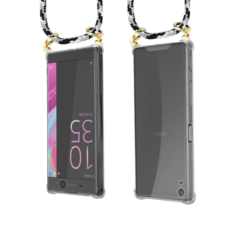 Cadorabo Handy Kette kompatibel mit Sony Xperia XA Silikon Schutzhülle mit Gold Ringen, Kordel Band und abnehmbarem Etui