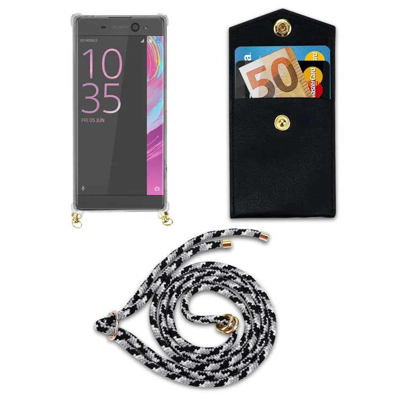 Cadorabo Handy Kette kompatibel mit Sony Xperia XA Silikon Schutzhülle mit Gold Ringen, Kordel Band und abnehmbarem Etui