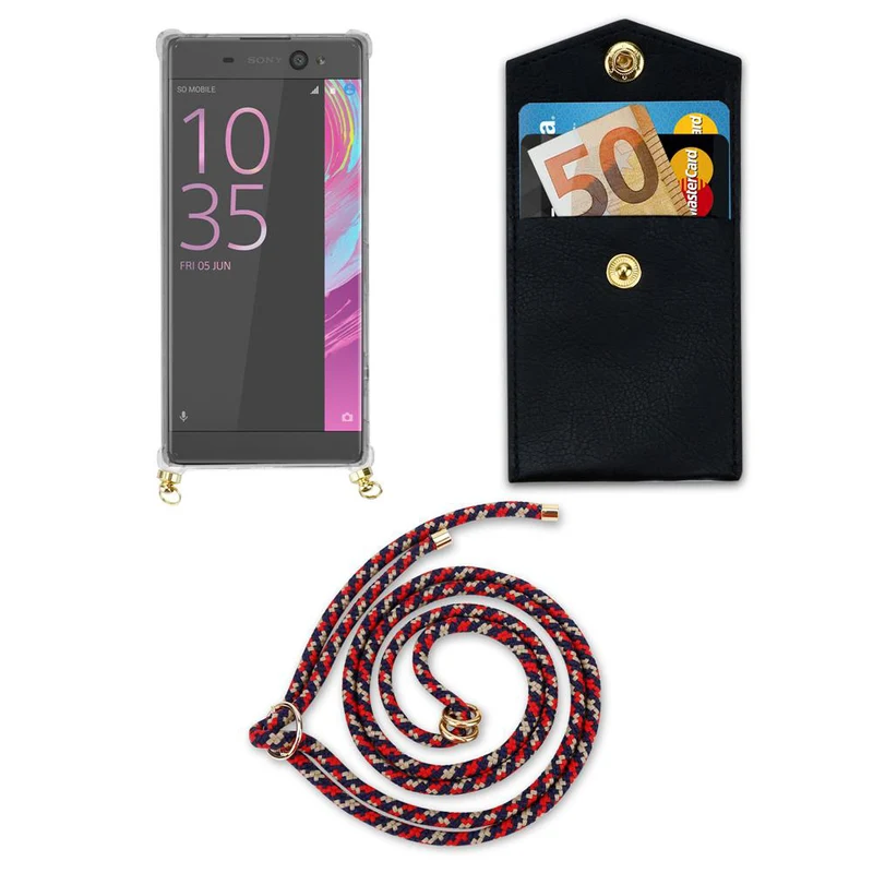 Cadorabo Handy Kette kompatibel mit Sony Xperia XA Silikon Schutzhülle mit Gold Ringen, Kordel Band und abnehmbarem Etui