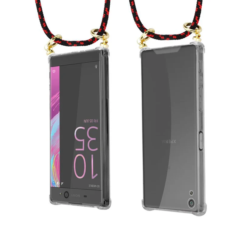 Cadorabo Handy Kette kompatibel mit Sony Xperia XA Silikon Schutzhülle mit Gold Ringen, Kordel Band und abnehmbarem Etui