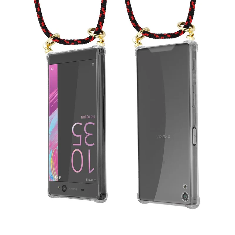 Cadorabo Handy Kette kompatibel mit Sony Xperia XA Silikon Schutzhülle mit Gold Ringen, Kordel Band und abnehmbarem Etui