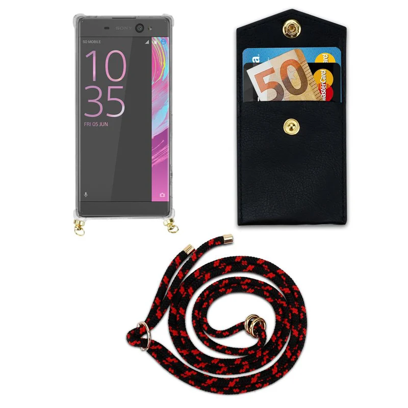 Cadorabo Handy Kette kompatibel mit Sony Xperia XA Silikon Schutzhülle mit Gold Ringen, Kordel Band und abnehmbarem Etui