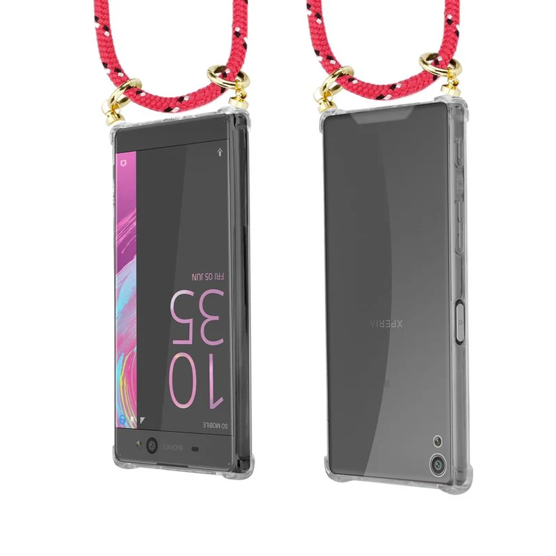 Cadorabo Handy Kette kompatibel mit Sony Xperia XA Silikon Schutzhülle mit Gold Ringen, Kordel Band und abnehmbarem Etui