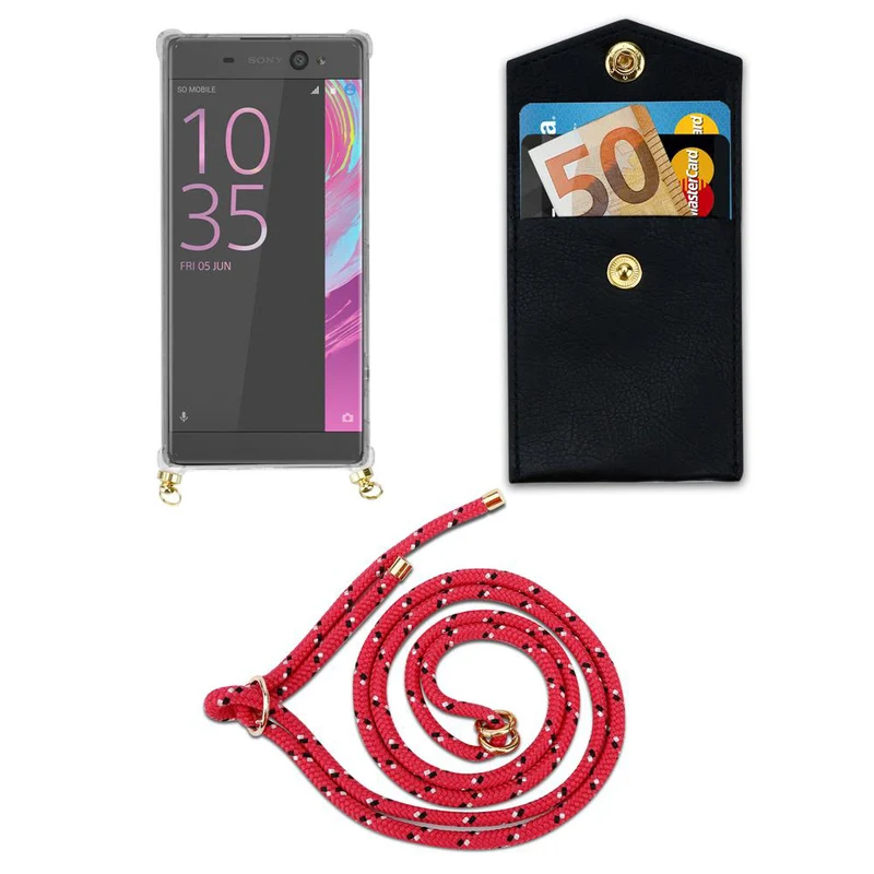 Cadorabo Handy Kette kompatibel mit Sony Xperia XA Silikon Schutzhülle mit Gold Ringen, Kordel Band und abnehmbarem Etui