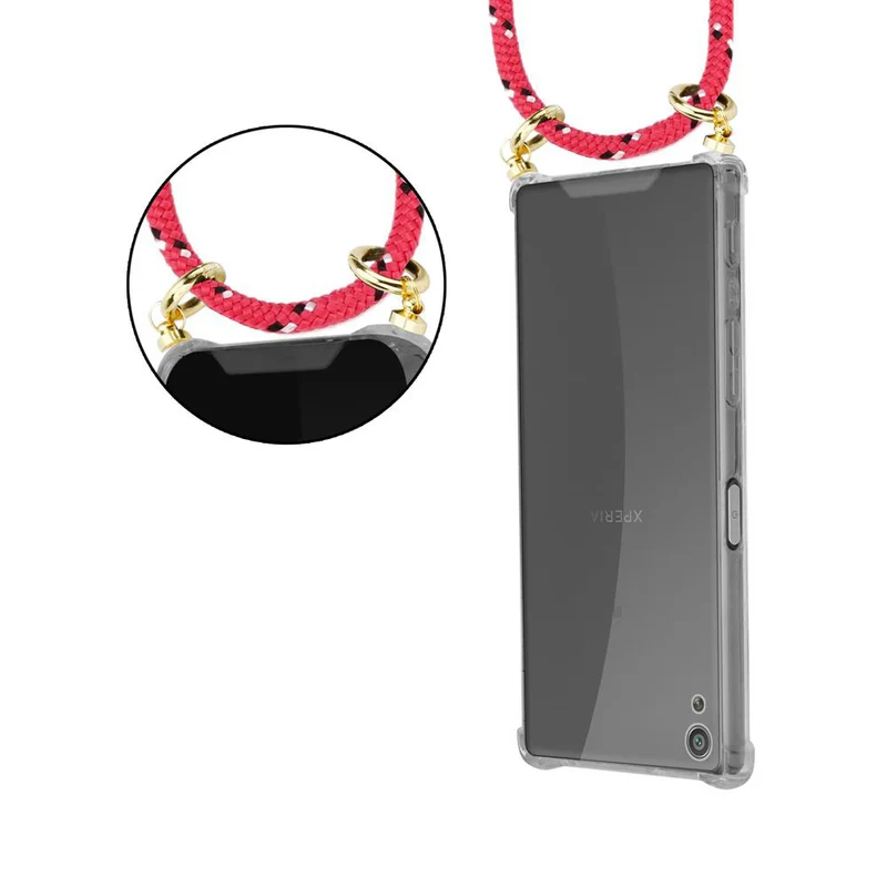 Cadorabo Handy Kette kompatibel mit Sony Xperia XA Silikon Schutzhülle mit Gold Ringen, Kordel Band und abnehmbarem Etui